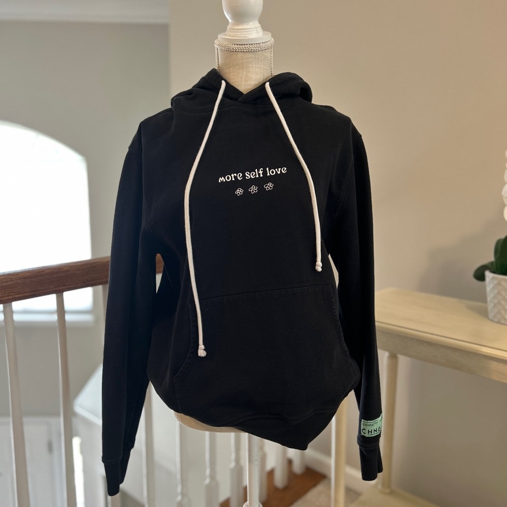 CHNGE Black Hoodie with 'More Self Love' and Green Patch